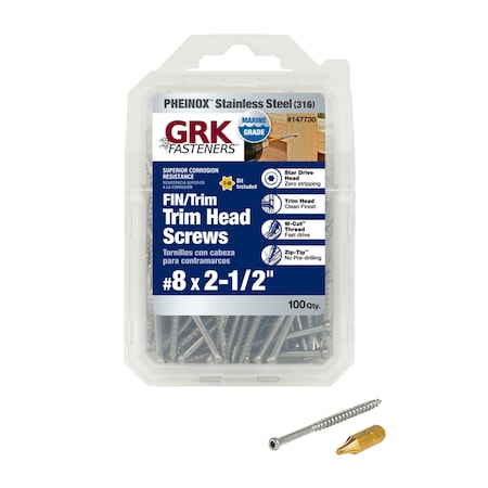 Itw Deck Screw, #8 x 2-1/2 in, Stainless Steel, Trim Head, 100 PK 147730